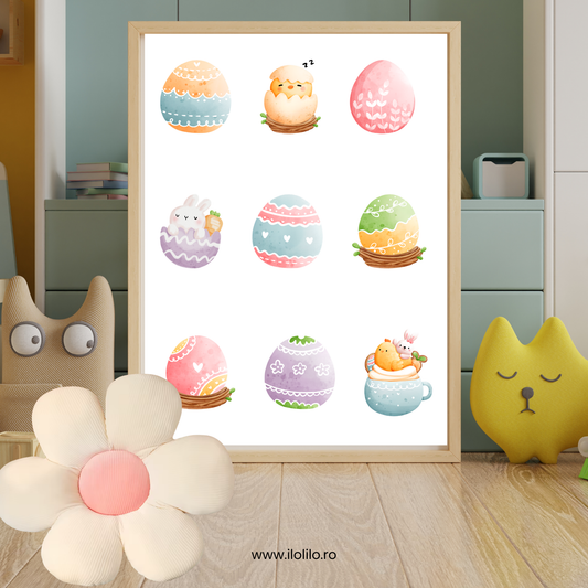 deocor de pasti, idei de decor camera copiilor de pasti, iepurasul, tablou dormitorul copiilor, poster camera fetite, baieti, bebelas, ilustratie cu oua colorate de Pasti, oua incondeiate, oua vopsite de Paste, pusori si iepurasi de Pasti, cadouri de Iepuras