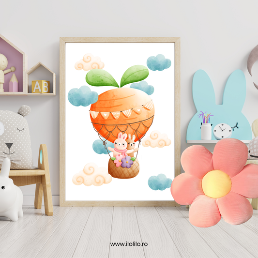 poster decor de pasti tablou doritorul copiilor, camera fetite, camera baieti sau camera bebelusului. In stil acuarela, iepurasi de Paste in balon, decor modern pentru camera copiilor, oua incondeiate, oua colorate, oua vopsite de Paste, iepurasi. Cum decoram de Pasti? Idei decor de Paste, Decor camera copiilor de Paste, cum decoram de Iepuras?