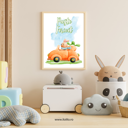 decor de paste camera copiilor tablou, poster, ilustratie iepurasul, Paste Fericit, oua incondeiate, oua vopsite, oua colorate de Pasti, decor dormitorul copiilor, camera fetite, camera baieti, camera bebelasului, cum decoram de Paste, cadouri Iepurase, cadouri Paste