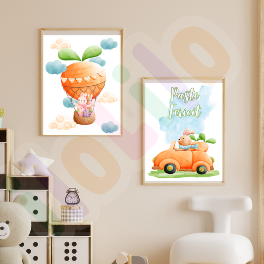 poster decor de pasti tablou doritorul copiilor, camera fetite, camera baieti sau camera bebelusului. In stil acuarela, iepurasi de Paste in balon, decor modern pentru camera copiilor, oua incondeiate, oua colorate, oua vopsite de Paste, iepurasi. Cum decoram de Pasti? Idei decor de Paste, Decor camera copiilor de Paste, cum decoram de Iepuras in camera copiilor?