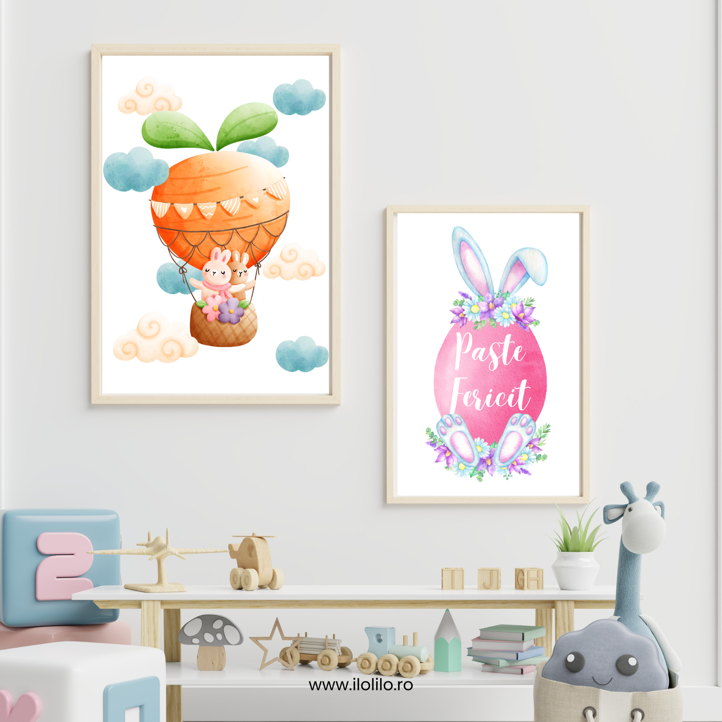 poster decor de pasti tablou doritorul copiilor, camera fetite, camera baieti sau camera bebelusului. In stil acuarela, iepurasi de Paste in balon, decor modern pentru camera copiilor, oua incondeiate, oua colorate, oua vopsite de Paste, iepurasi. Cum decoram de Pasti? Idei decor de Paste