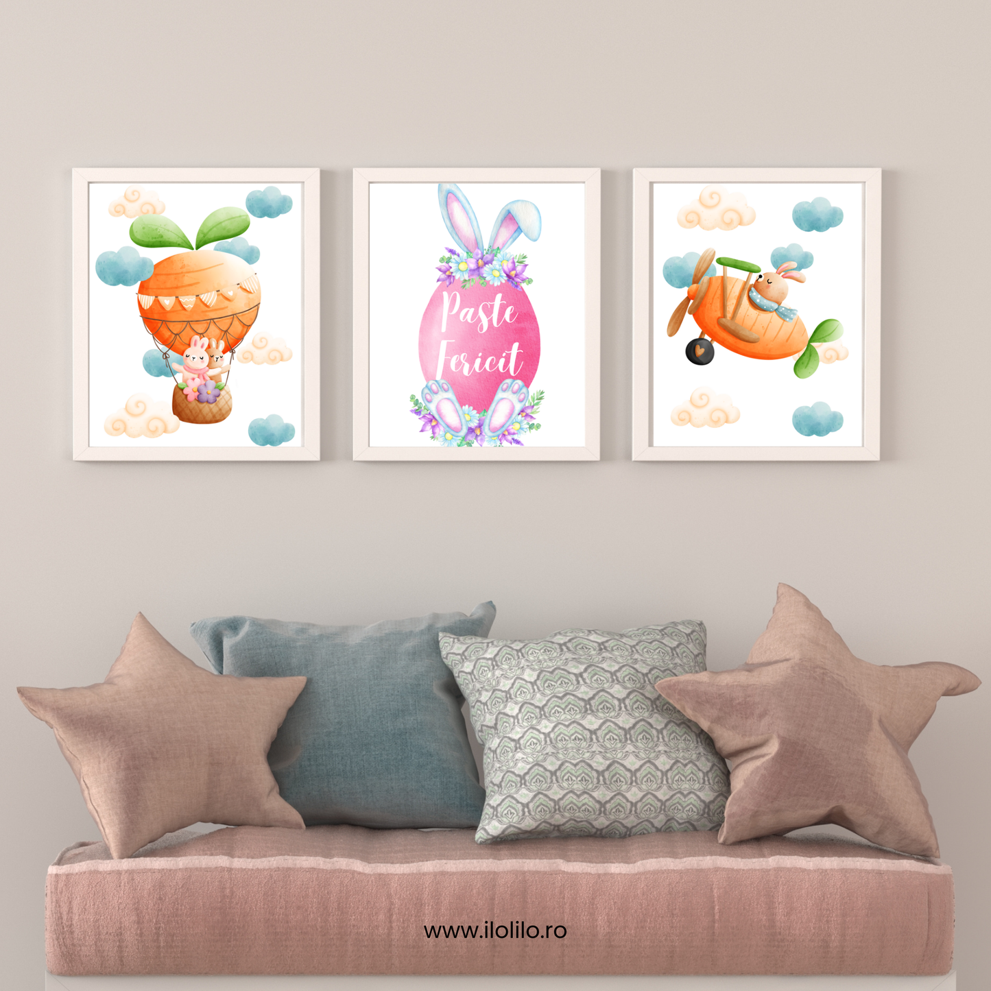 poster decor de pasti tablou doritorul copiilor, camera fetite, camera baieti sau camera bebelusului. In stil acuarela, iepurasi de Paste in balon, decor modern pentru camera copiilor, oua incondeiate, oua colorate, oua vopsite de Paste, iepurasi. Cum decoram de Pasti? Idei decor de Paste