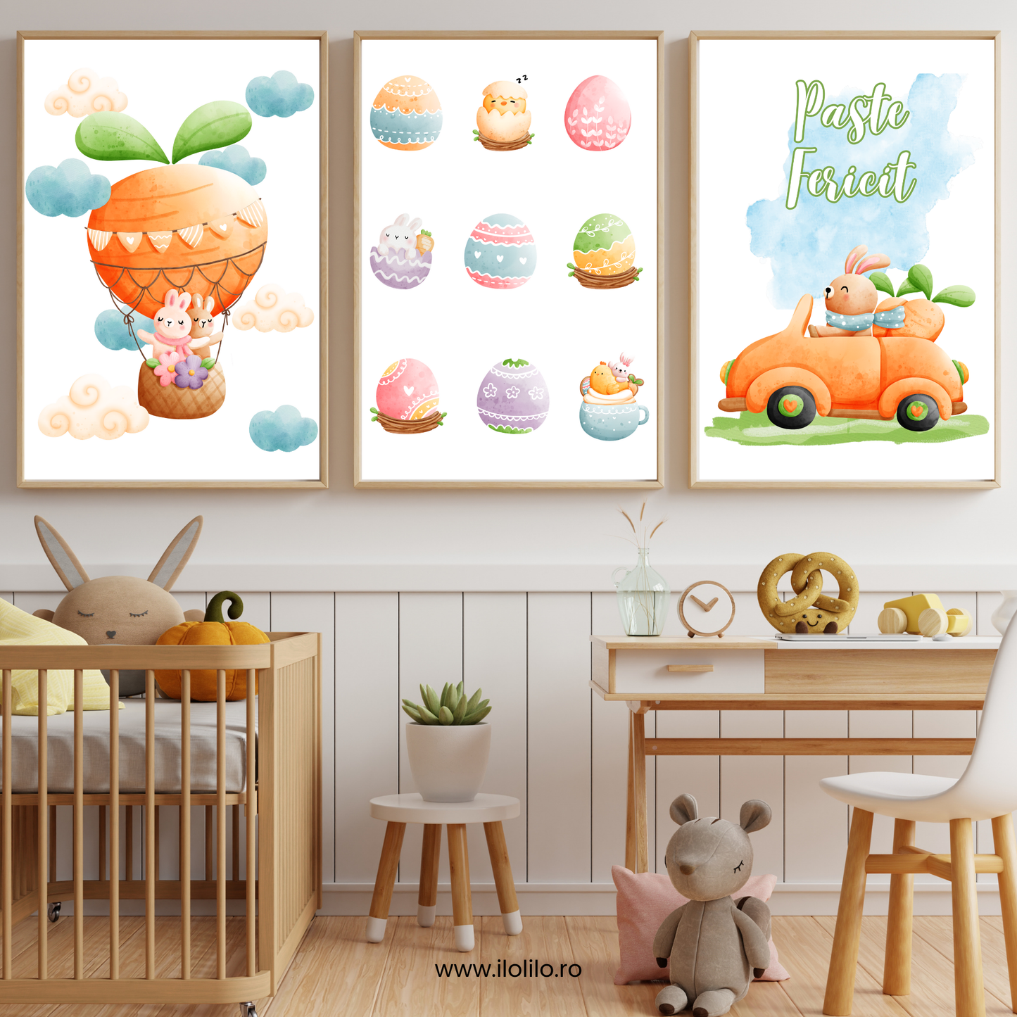 decor de paste camera copiilor tablou, poster, ilustratie iepurasul, Paste Fericit, oua incondeiate, oua vopsite, oua colorate de Pasti, decor dormitorul copiilor, camera fetite, camera baieti, camera bebelasului, cum decoram de Paste, cadouri Iepurase, cadouri Paste, puisori
