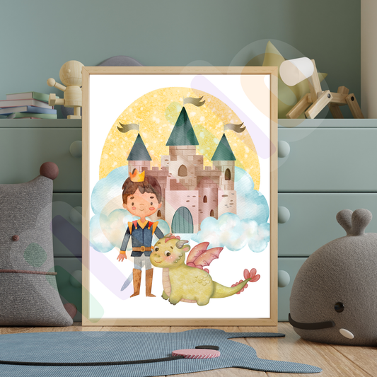 Tablou decor pentru camera copiilor, camera fetite, camera baiatului sau camera bebelusului. Dragoni, print, printese, unicorn si un castel fermecat, o lume plina de magie si frumusete. Ideale pentru un decor modern in ormitorul copiilor. Decor de perete camera copiilor, decor modern, idei decor camera copiilor