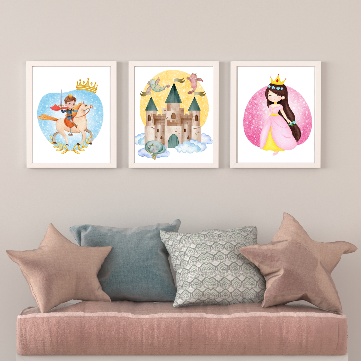 Decor dormitorul copiilor, acest tablou este ideal pentru camera fetitelor sau a baiatul. Printi si printese dau o nota de magie oricarui decor. Cuolri pastel, stil in acuarela, decor modern. Idei decor camera copiilor, decor de perete camera copii, decor copii, print, printesa, unicorn, draoni, castel