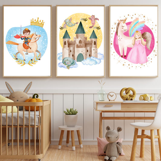Tablou camera copiilor, ideal pt. decor modern in camera de baieti sau camera de fitete. Printi, printese, castel ermecat, dragoni si unicorni, un taram magic. Decor magic pentru copii! Potrivit pt. camera de joaca sau dormitorul copiilor.