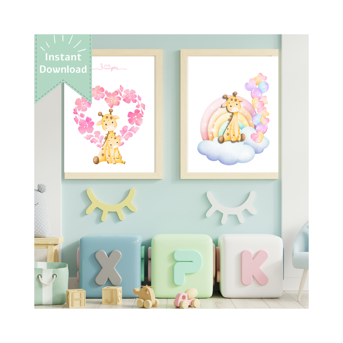 Tablou Camera Copiilor - Mama și Puiuțul de Girafă (Digital)