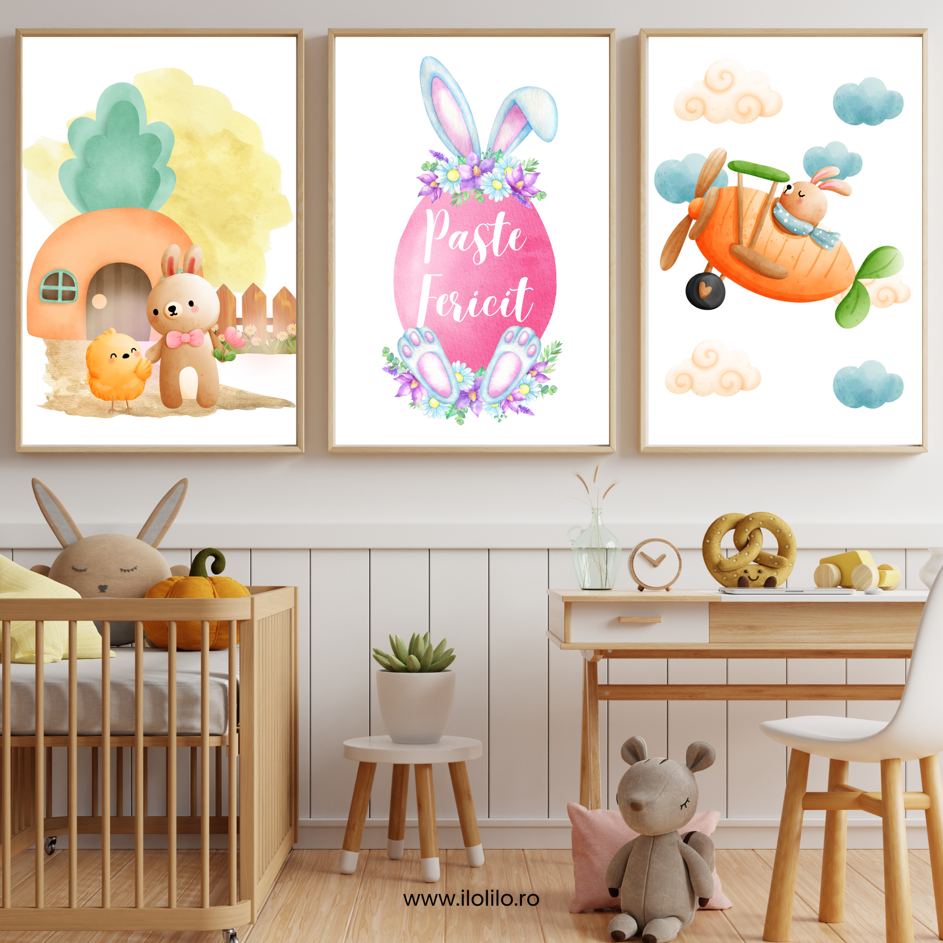 Iepurasul tablou poster copii, decor de Pasti pentru dormitorul copiilor, camera fetite, camera baieti, camera bebelusului, decor de Pasti, stil acuarela, iepuras, oua incondeiate, oua colorate, oua vopsite de Paste, idei decor de Pasti, cum decoram de Pasti, cadou de Iepuras, cadou de Pasti