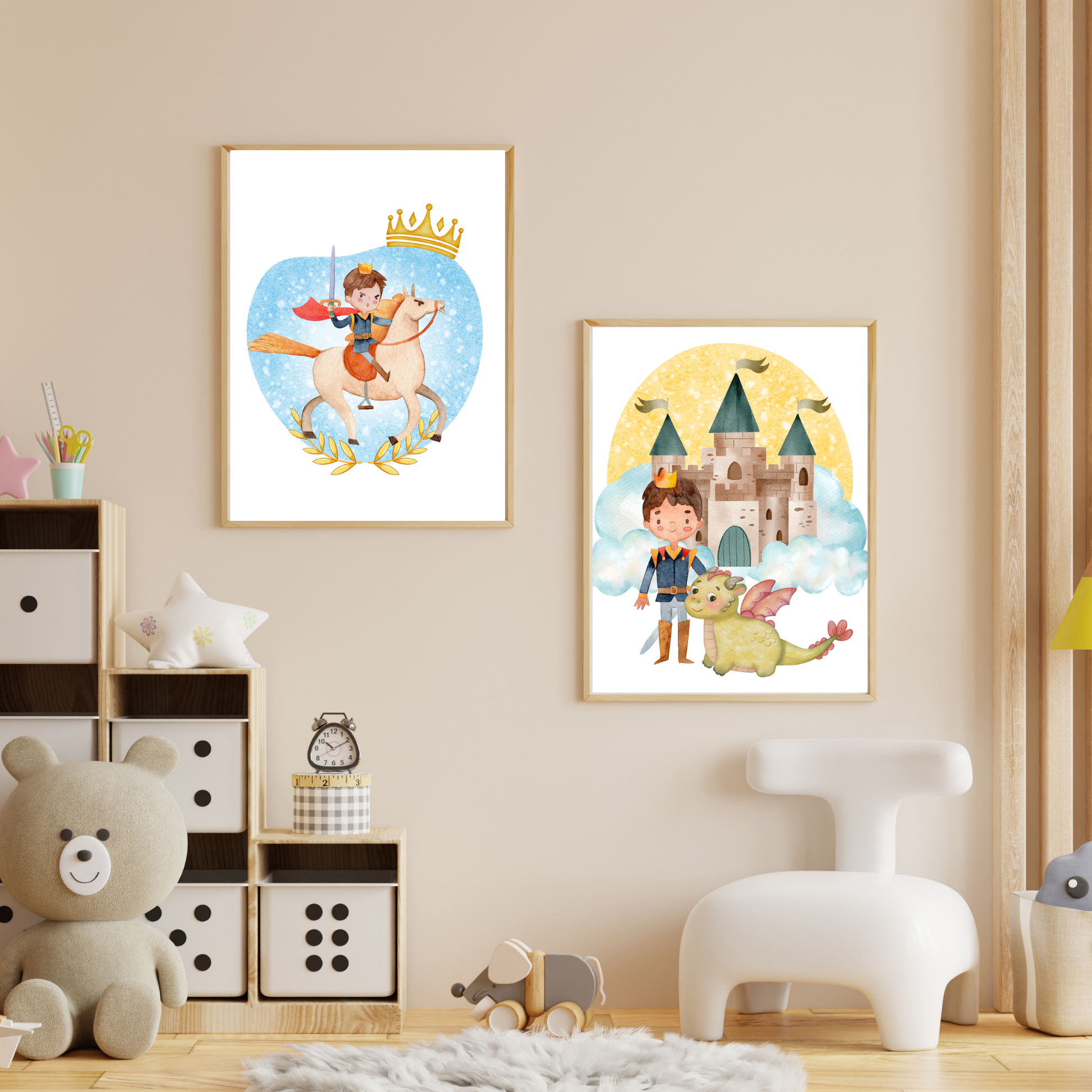 Decor dormitorul copiilor, acest tablou este ideal pentru camera fetitelor sau a baiatul. Printi si printese dau o nota de magie oricarui decor. Cuolri pastel, stil in acuarela, decor modern.  Idei decor camera copiilor, decor de perete camera copii, decor copii, print, printesa, unicorn, draoni, castel