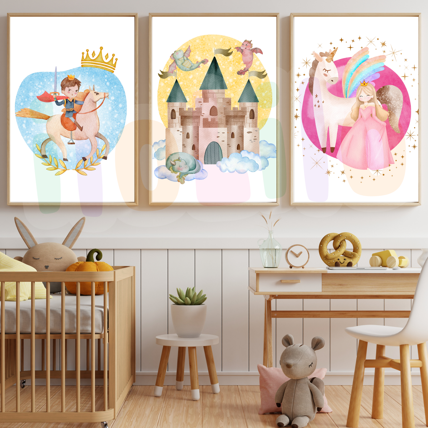 Decor dormitorul copiilor, acest tablou este ideal pentru camera fetitelor sau a baiatul. Printi si printese dau o nota de magie oricarui decor. Cuolri pastel, stil in acuarela, decor modern. Idei de decor camera copilor decor de perete camera copiilor, decor modern copii, unicorn, dragoni, castel