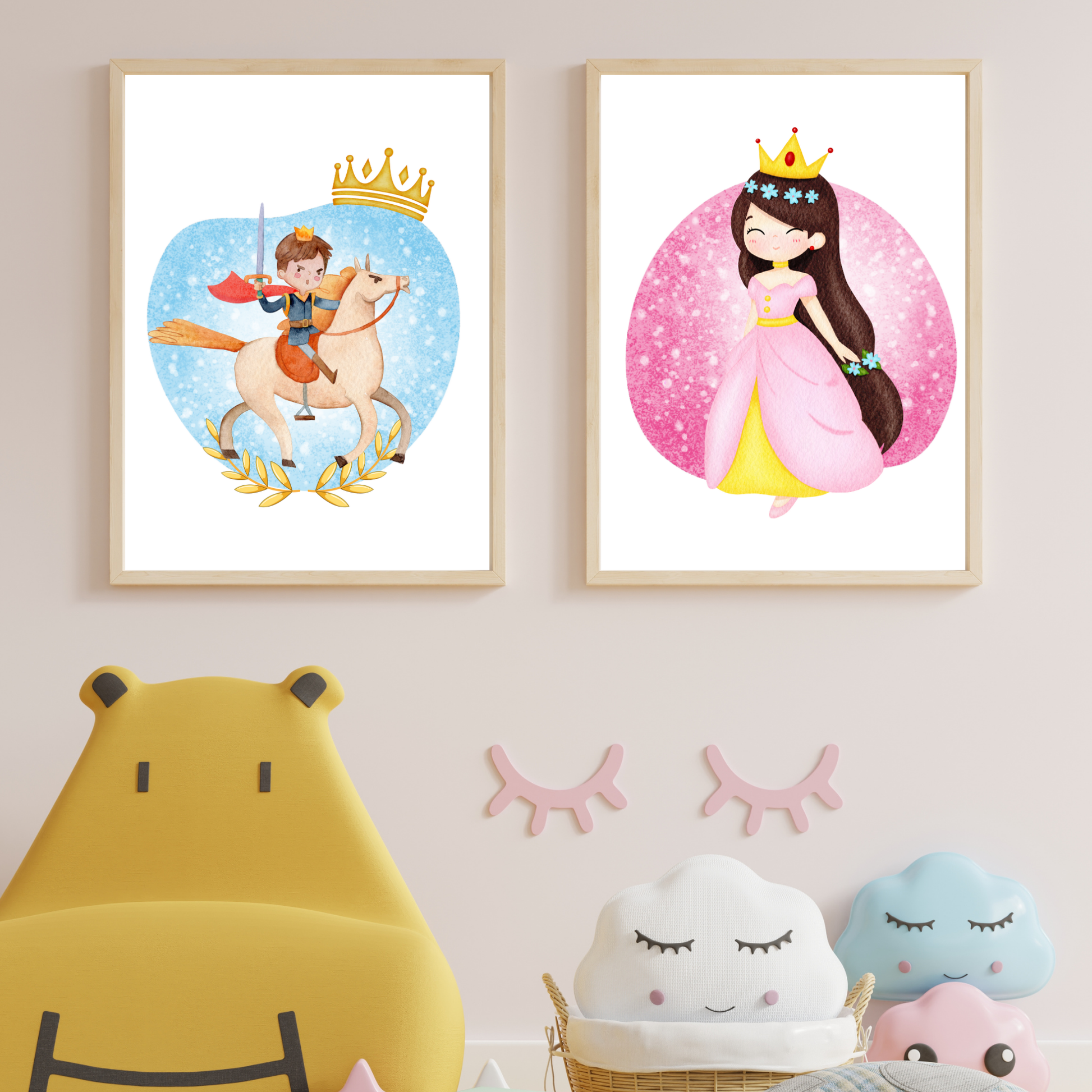 Decor dormitorul copiilor, acest tablou este ideal pentru camera fetitelor sau a baiatul. Printi si printese dau o nota de magie oricarui decor. Culri pastel, stil in acuarela, decor modern. 