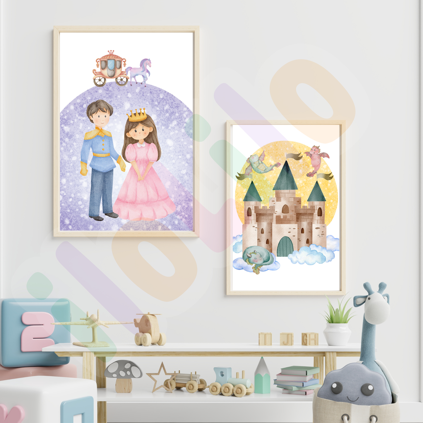 Idei decor camera copiilor, decor de perete dormitorul copiilor, camera fetite, camera baieti, camera bebelusului, decor modern, print, printesa, unicorn, dragoni, castel, decor jucaus, imaginatie, decor de agatat pe perete in camera copiilor, print, printesa, caleasca, cal, unicorn, curcubeu, mov, roz