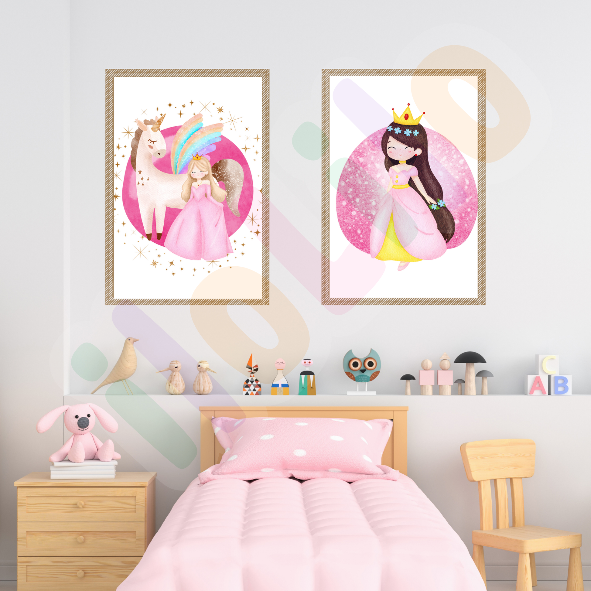 idei decor camera copiilor, decor pereti camera copii, decor perete camera copii, tablou copii printesa unicorn, decor dormitorul copiilor, camera fetite, camera baiatului, camera bebelusului, decor modern, decor camera copiilor, decor jucaus, printesa blonda, roz, auriu, curcubeua, printesa bruneta, printesa satena